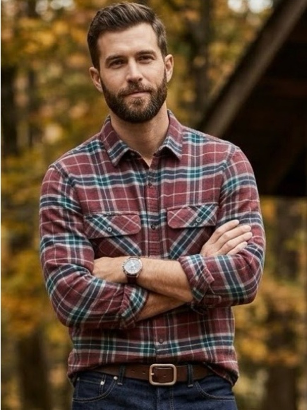 Banana Republic Men's Standard Fit Burgundy Brown/Green Plaid Button-Down Shirt